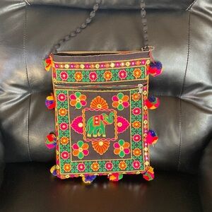 Boho Embroidered Elephant Crossbody Bag — Black with Multicolor Accents